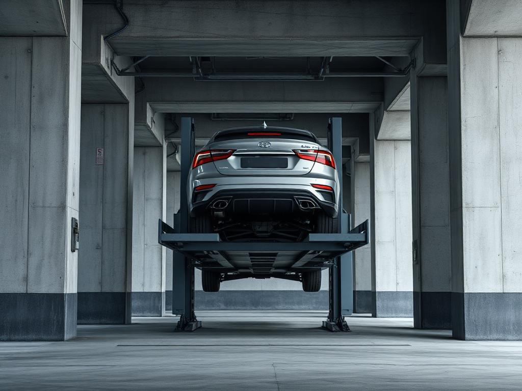 Car elevator platform lifting a vehicle in a concrete parking structure