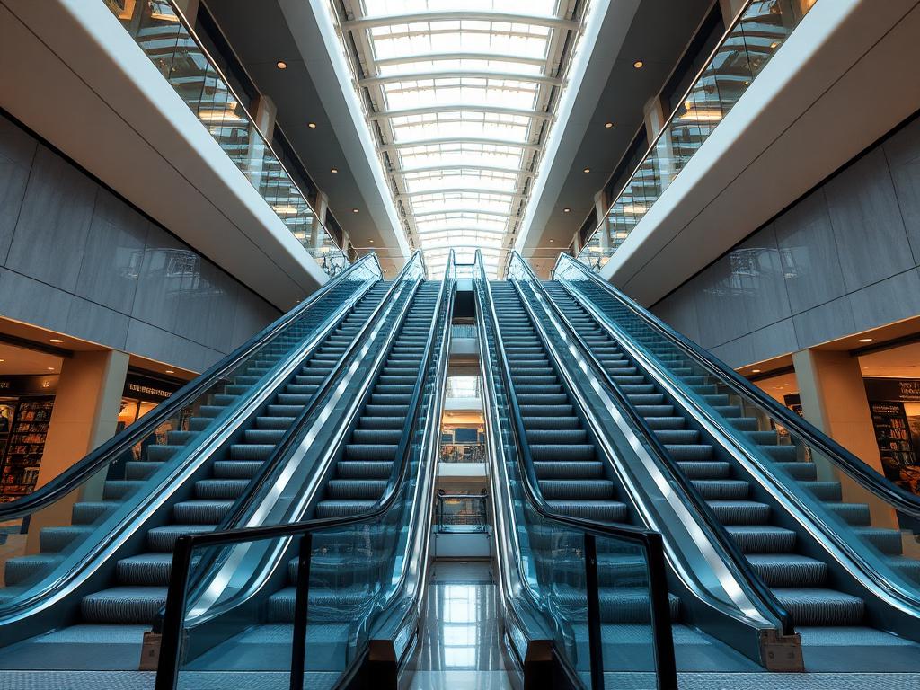 Modern stainless steel escalators in a commercial atrium