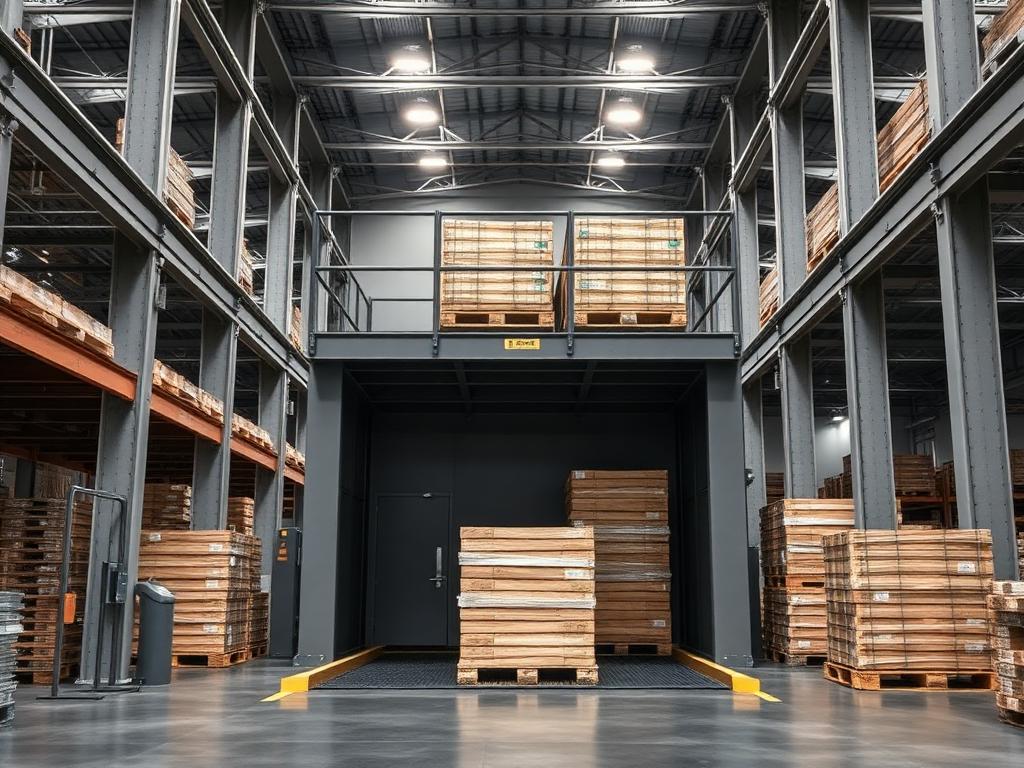 Industrial goods elevator platform loaded with pallets in a warehouse