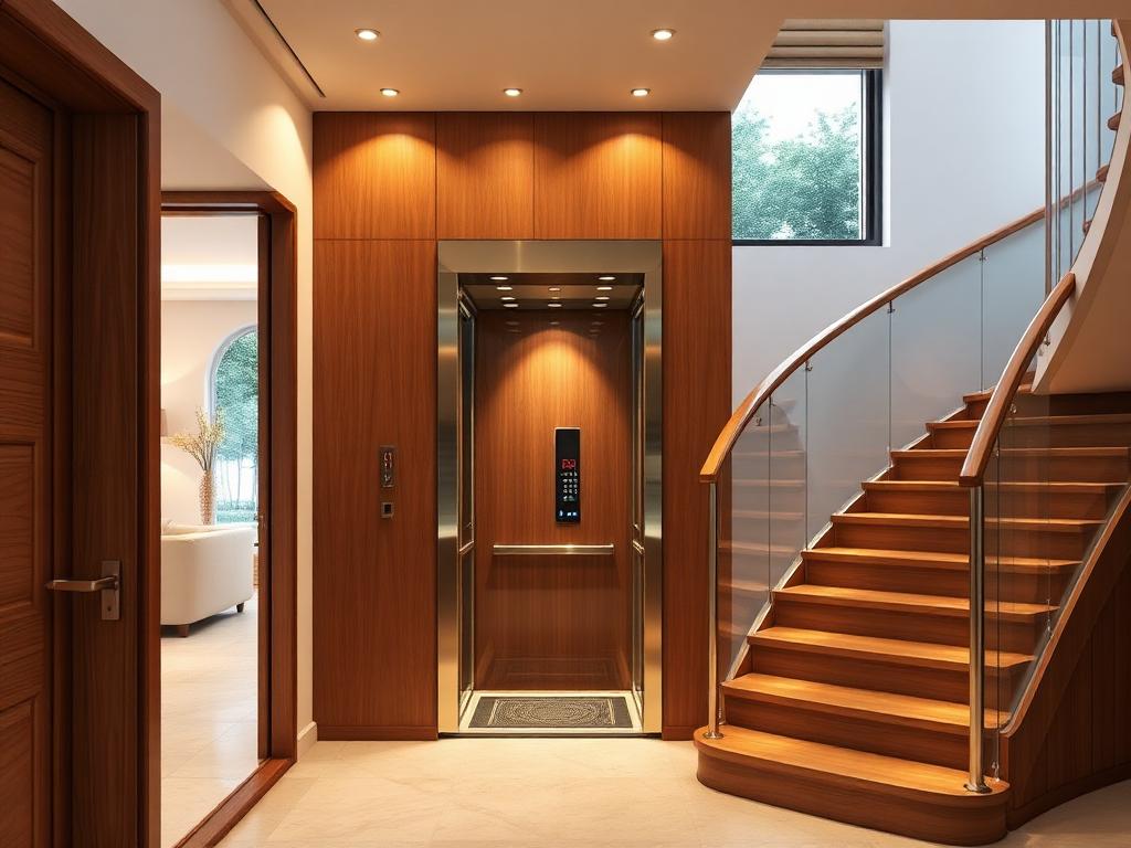 Compact home elevator beside a wooden staircase in a modern villa
