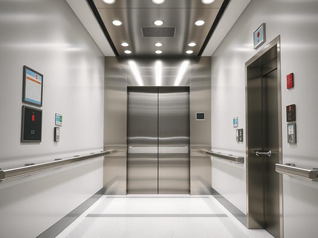 Wide hospital elevator with stainless steel interior and handrails