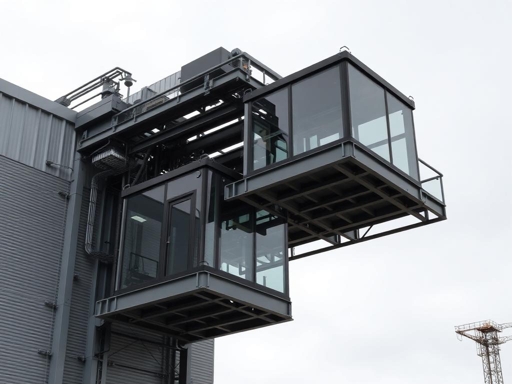 Outdoor structural steel and glass elevator attached to a building exterior