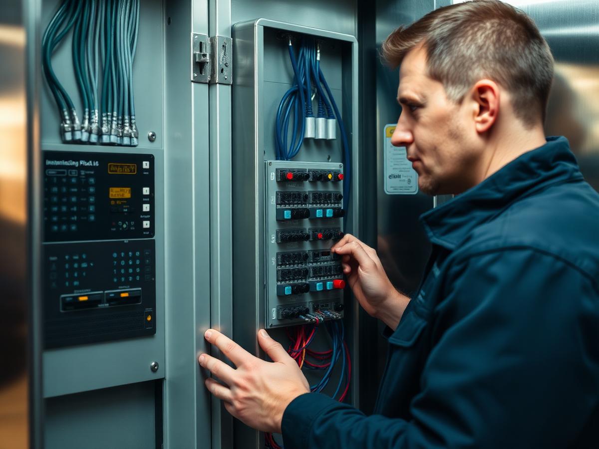 Elevator technician servicing an elevator control cabinet
