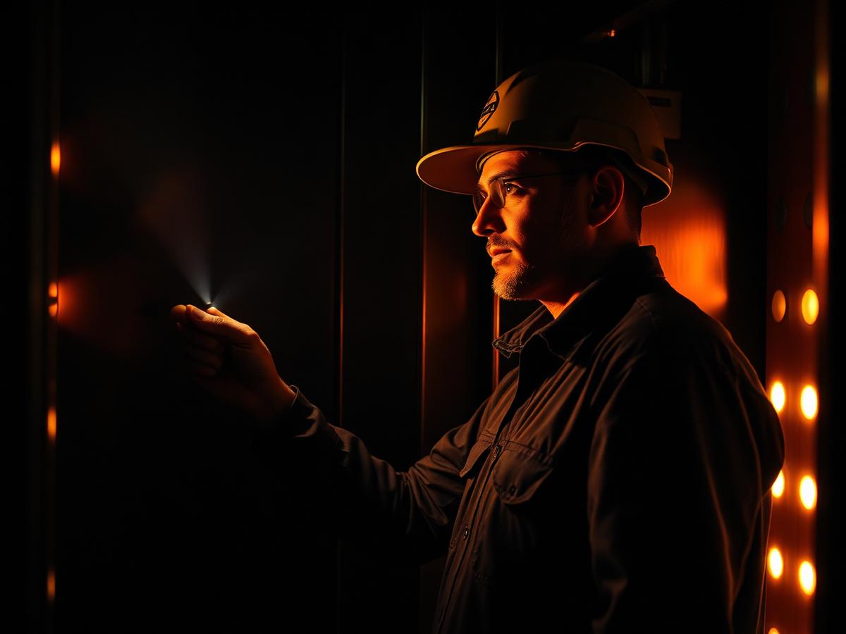 Elevator engineer inspecting machine room equipment at night