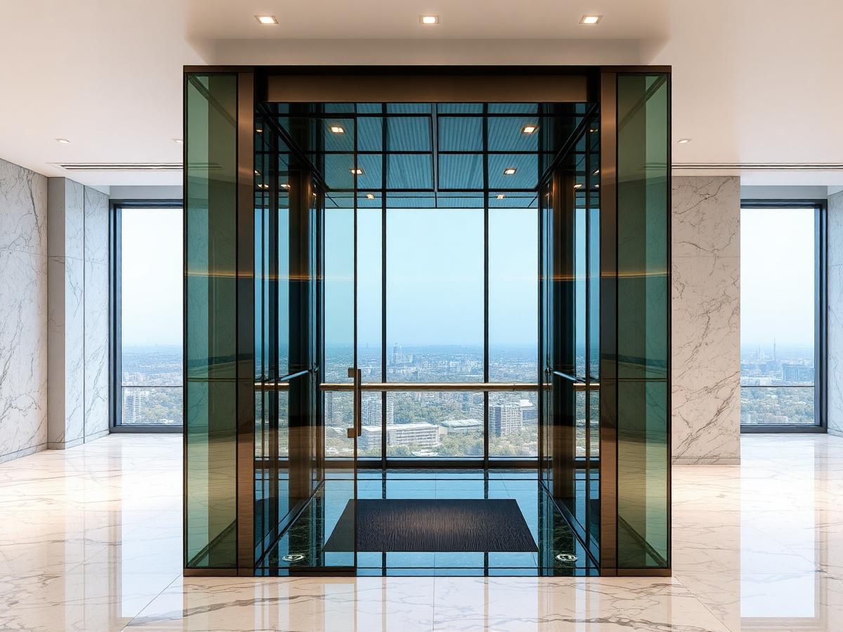 Panoramic glass elevator in a luxury marble interior