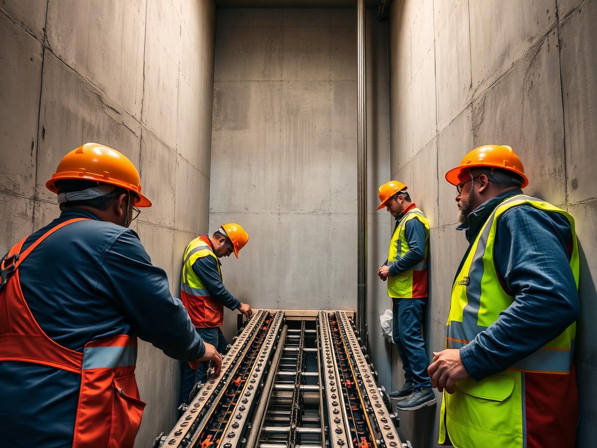 Technicians installing elevator guide rails inside a shaft